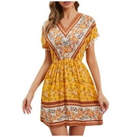 FOPP продавач Женски моден ежедневен V-образен флорален отпечатан с малки топки рокли за ръкави за ръкави оранжево xxl