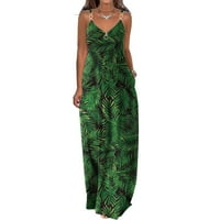 Женска лятна рокля бохо рокля флорална щампа верига спагети каишка zip v neck maxi рокля плажна слънчева рокля хавайски рокли зелени# xxl