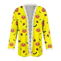 Yubatuo Women Mashing Mashible Casual Halloween Print Lace Long Loweve Cardigan Jacket Coats For Women Yellow 2XL