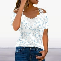 Дамски върхове женски дантела с дантела за ватинг на тениска с къси ръкави тениска отпечатана тениска отгоре xxl