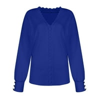 Gotyou Spring Tops Женска модна дантела V-образно пуловер пуловер Разхлабен плътен цвят с дълъг ръкав тъмносин L