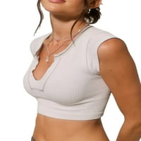 Женски летен тънък прилепнал върхове за изрязване капачка в ръкав V Контраст на шията Цветна тениска къса тениска
