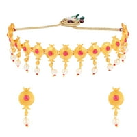 Efulgenz Индийски бижута Комплект традиционен античен златен тон симулиран цвят камък кръг Fau Pearl Drop Bridal Choker О обета