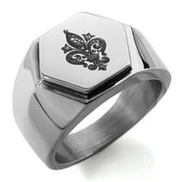 Корона от неръждаема стомана Fleur de Lis гравиран шестоъгълник Crest Flat Top Biker Style Полиран пръстен