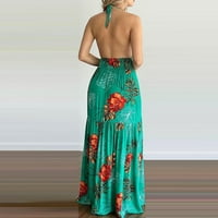 Женска лятна флорална рокля тропическа печат халтер за без гръб макси рокля без ръкави плажна рокля