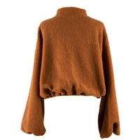 Плюшено пуловерно палто за жени плътно цвят ежедневни покрития с качулка кафяв размер l