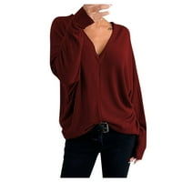 Женските ризи Hanzidakd падат и зимен дълъг ръкав V-образен полиестер твърди ризи червени m