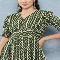 Janasya Women's Olive Cotton Chevron Printed A-Line рокля