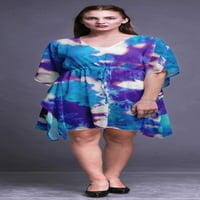 Bimba Purplish Blue Tie-Dye Ombre Beach Kaftan Bikini Cover Up Womens Midi рокля Кратък Caftan-XL-3x