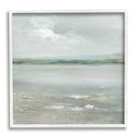 Ступел индустрии мъгливо Абстрактен плаж пейзаж далечни планини облаци Живопис бяла рамка изкуство печат стена изкуство, дизайн