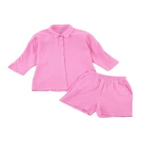 Franhais женски костюм за нощни дрехи, твърд цветен ръкав с еднократна яка риза + еластична талия с къси панталони на талията