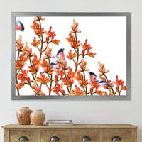 Дизайнарт 'ято Червенушки птици, седящи на оранжеви клони' традиционен художествен принт в рамка
