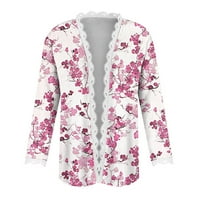 YUBATUO Женски моден ежедневен флорален принт дантела с дълъг ръкав жилетка на жилетка за жени горещо розово m