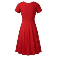 Bazyrey летни рокли за жени Солидни рокли женски V-образно деколте небрежно късо ръкав а-линия рокли червен m