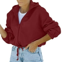 Дамски дълъг ръкав цип на късо палто с джобове със солиден цвят топла зима размери на виното размер m