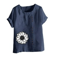 Zodggu Buttons памучни бельо ризи за жени Спестяване на голяма флорална графична блуза Лятна модна екипаж на екипажа плюс размер
