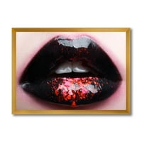 Дизайнарт 'Пълнички женски устни с розово и черно' модерна рамка Арт Принт