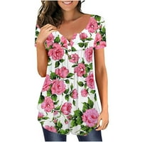 Дамски флорални отпечатани блузи v бутон за врата нагоре с къси ръкави ризи дами елегантни свободни ежедневни пуловери на туники