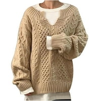 Клирънс женски кабел плетен пуловер с дълъг ръкав v Врат Небрежен хлабав блуза Копче за трикотаж на пуловера джъмперни върхове