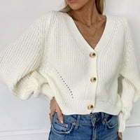 IOPQO Cardigan за женски женски плетен пуловер Отворен фронт картонен бутон Разхлабете връхни дрехи White + M